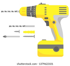 Isolated vector image. Screwdriver (drill) electric battery. Yellow and gray. With a set of drill bits, screws, bits, screwdrivers. Flat design