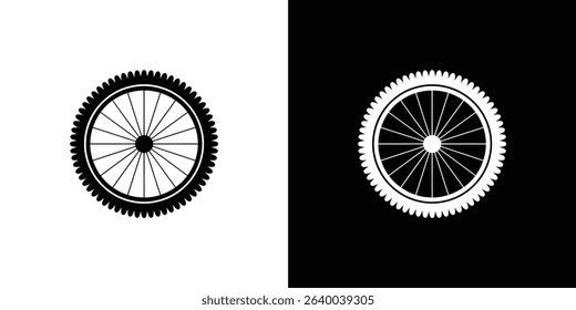 An isolated vector image showcasing a bike wheel with a unique spiked tire, presented in both black on white and white on black color schemes.