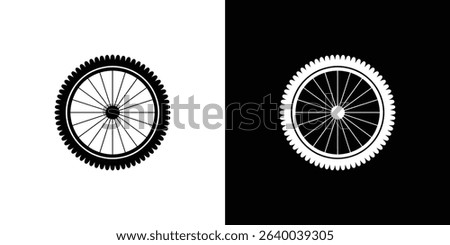 An isolated vector image showcasing a bike wheel with a unique spiked tire, presented in both black on white and white on black color schemes.