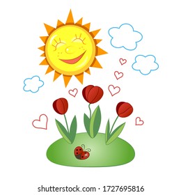 Isolated vector image of a solar flower bed; blooming tulips in the sun; drawing a happy summer day; blank for design.