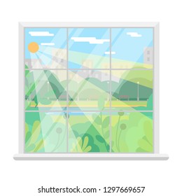 Isolated Vector image of a Window. Sunny day of summer. Window overlooking the park