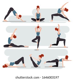 Isolated vector image of yoga exercises. A young woman is doing stretching. Hatha yoga. Nine different poses. Relaxation and meditation