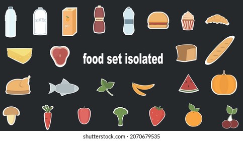 Isolated vector images of food for mobile application. A set of icons, icons of vegetables, fruits, berries, meat, fish, milk, soft drinks, confectionery, pastries, bread.