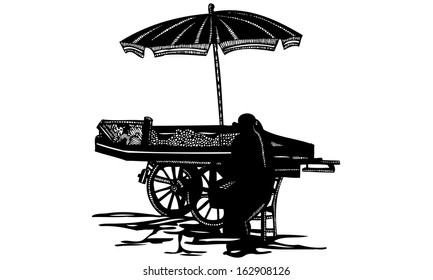 Isolated vector ink drawing illustration of a female or male vendor sitting alone at a fruit and vegetable food cart with wheels and umbrella selling in the rain 