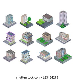 Isolated vector isometric set building, shop, skyscraper, villa, cottage, cinema.