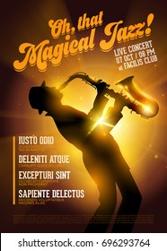 Isolated Vector Jazz Poster. Silhouette of Saxophone Player against a Stage Gold Light. Music Poster Template for Festival, Flyer, Ticket, Concert, Night Club.