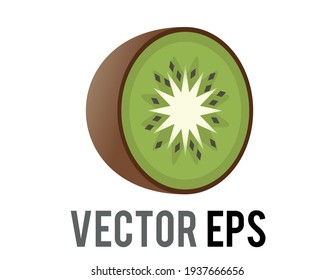 The isolated vector kiwi fruit icon with fuzzy, brown skin, light green flesh, white core and black seeds 
