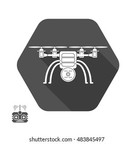 Isolated vector label of drone silhouette with shadow in hexagon and remote control in flat design.