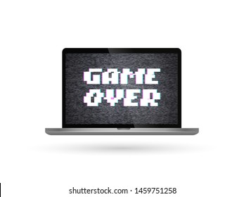 Isolated vector laptop with game over text on the screen. Glitch effect