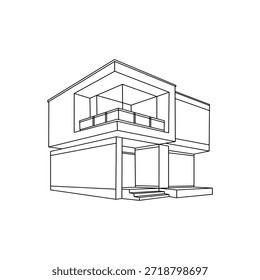 Diseño de ilustración de arte de línea de Vector aislado de una casa de varios pisos. Blanco y negro.