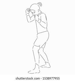 Isolated vector line character female boxer ready for fight .Hand drawn style art design illustrations.
