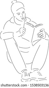Isolated vector line character girl student reads book textbook preparing for exams.Hand drawn style art design illustrations.