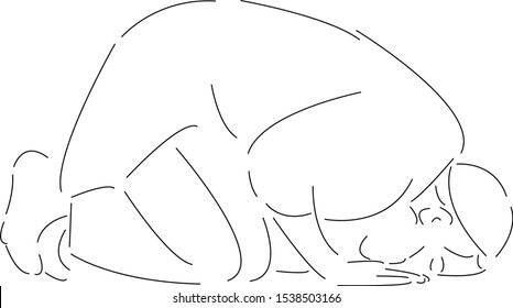 Isolated vector line character muslim man prays in a mosque .Hand drawn style art design illustrations.