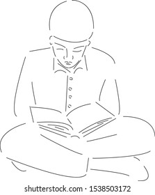 Isolated vector line character muslim boy reads the koran and learns to pray .Hand drawn style art design illustrations.
