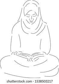 Isolated vector line character Muslim girl reads the Koran and prays .Hand drawn style art design illustrations.