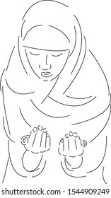 Isolated vector line character muslim, islam, islamic, religious, girl .Hand drawn style art design illustrations.