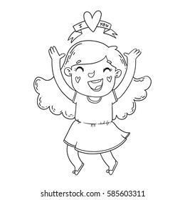 Isolated vector line illustration of a happy girl in love jumping.