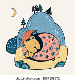 Niñas vectoriales aisladas ilustran el dormido oso lindo y la montaña en colores pastel por la noche. El diseño es perfecto para pegatinas, invitaciones, papelería, textiles, camisetas y otros