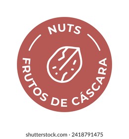 Isolated Vector Logo Badge Ingredient Warning Label. Colorful Allergens icons. Food Intolerance Nuts. Written in Spanish and English
