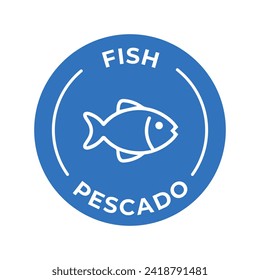 Isolated Vector Logo Badge Ingredient Warning Label. Colorful Allergens icons. Food Intolerance Fish. Written in Spanish and English