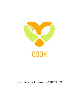 Isolated vector logo for catering business. Restaurant emblem. Yellow and light green colors. Valentines Day greeting card for chef. Table setting. Fork and spon icon. Cafe logotype. Heart image.