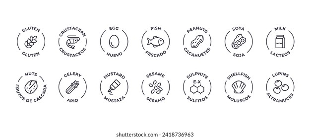 Isolated Vector Logo Set Badge Ingredient Warning Label. Allergens icons. Food Intolerance. The 14 allergens required to declare written in Spanish and English