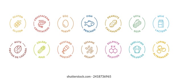 Isolated Vector Logo Set Badge Ingredient Warning Label. Colorful Allergens icons. Food Intolerance. The 14 allergens required to declare written in Spanish and English