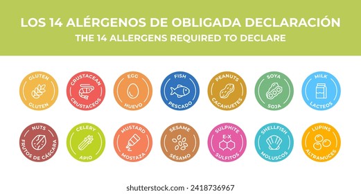 Isolated Vector Logo Set Badge Ingredient Warning Label. Colorful Allergens icons. Food Intolerance. The 14 allergens required to declare written in Spanish and English