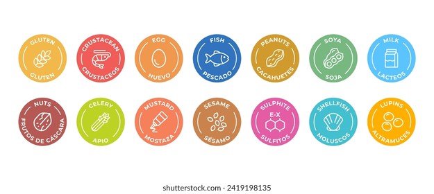 Etiqueta de advertencia de ingredientes de placa con el logotipo de vectores aislados. Iconos coloridos de Allergens. Intolerancia alimentaria. Los 14 alérgenos que deben declararse escritos en español e inglés