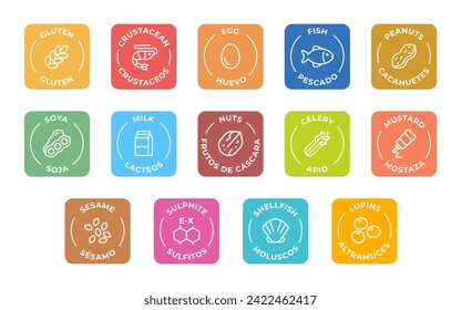 Isolated Vector Logo Set Badge Ingredient Warning Label. Colorful Allergens icons. Food Intolerance. The 14 allergens required to declare written in Spanish and English