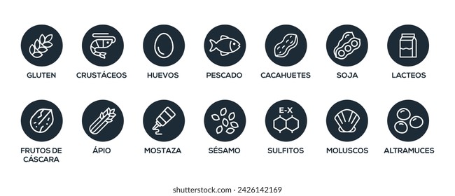 Isolated Vector Logo Set Badge Ingredient Warning Label. Black and white Allergens icons. Food Intolerance. The 14 allergens required to declare written in spanish.