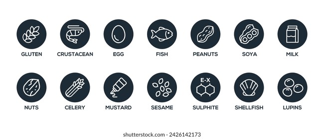 Isolated Vector Logo Set Badge Ingredient Warning Label. Black and white Allergens icons. Food Intolerance. The 14 allergens required to declare written in english