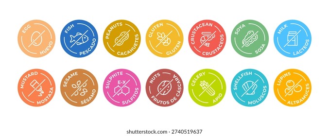 Isolated Vector Logo Set Badge Ingredient Warning Label. Cheerful and colorful Allergens icons. Food Intolerance. The 14 allergens required to declare written in english and spanish