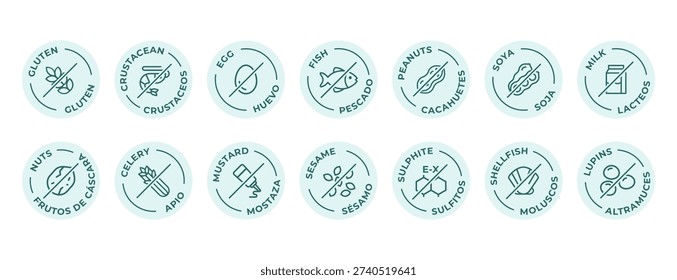 Isolated Vector Logo Set Badge Ingredient Warning Label. Monochrome color Allergens icons. Food Intolerance. The 14 allergens required to declare written in english and spanish