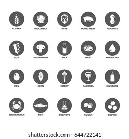 Isolated Vector Logo Set Badge Ingredient Warning Label. Black and white Allergens icons. Food Intolerance
