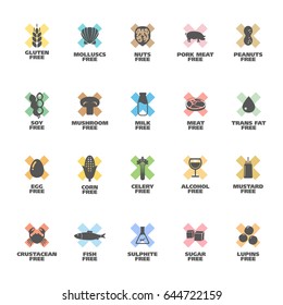 Isolated Vector Logo Set Badge Ingredient Warning Label. Colorful Allergens icons. Food Intolerance
