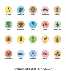 Isolated Vector Logo Set Badge Ingredient Warning Label. Colorful Allergens icons. Food Intolerance