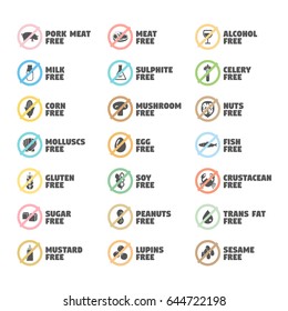 Isolated Vector Logo Set Badge Ingredient Warning Label. Colorful Allergens icons. Food Intolerance