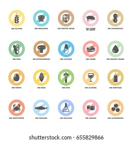 Isolated Vector Logo Set Badge Ingredient Warning Label. Colorful Allergens icons. Food Intolerance. Written in Spanish