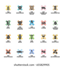 Isolated Vector Logo Set Badge Ingredient Warning Label. Colorful Allergens icons. Food Intolerance. Written in Spanish