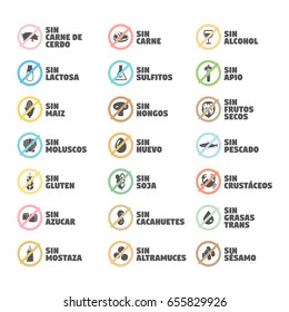 Isolated Vector Logo Set Badge Ingredient Warning Label. Colorful Allergens icons. Food Intolerance. Written in Spanish