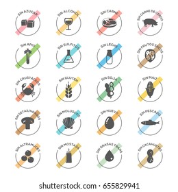 Isolated Vector Logo Set Badge Ingredient Warning Label. Colorful Allergens icons. Food Intolerance. Written in Spanish