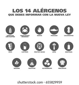 Isolated Vector Logo Set Badge Ingredient Warning Label. Black and white Allergens icons. Food Intolerance. "The 14 allergens you should report with the new law" written in Spanish