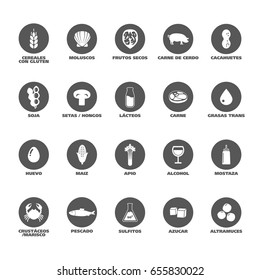 Isolated Vector Logo Set Badge Ingredient Warning Label. Black and white Allergens icons. Food Intolerance. Written in Spanish