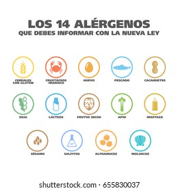 Etiqueta de advertencia de ingredientes para el conjunto de logotipos de vectores aislados. Iconos coloridos de Allergens. Intolerancia alimentaria. "Los 14 alérgenos que debes reportar con la nueva ley" escrito en español