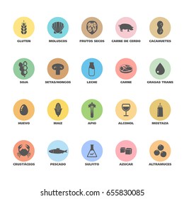 Isolated Vector Logo Set Badge Ingredient Warning Label. Colorful Allergens icons. Food Intolerance. Written in Spanish