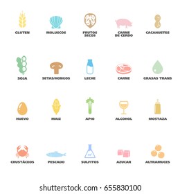 Isolated Vector Logo Set Badge Ingredient Warning Label. Colorful Allergens icons. Food Intolerance. Written in Spanish