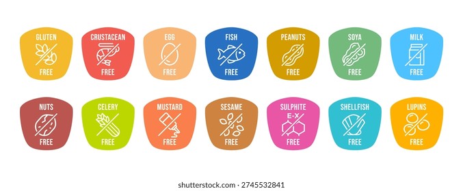 Isolated Vector Logo Set Free Certification Badge Ingredient Warning Label. Cheerful and colorful Allergens icons. Food Intolerance. The 14 allergens required to declare written in english
