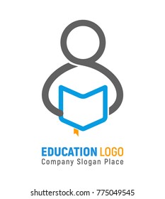 Isolated vector logo of student with open book in hands on white background. Education logotype