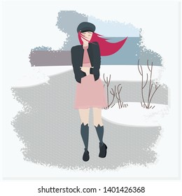 Isolated vector lonely girl on the street. Windy weather. Bad mood.